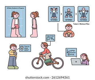 Cute flat style illustration of AI fitness and wellness routine, including body scan, smart workout planner, hydration, sleep tracking, and cycling.