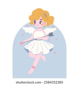 Cute flat style illustration of an angel cupid with golden curly hair, holding an arrow, surrounded by hearts, perfect for Valentine's Day, love themes, and romantic designs.