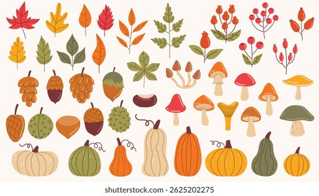 Cute flat style illustration with autumn elements like cartoon pumpkins, colorful leaves, mushrooms, nuts, and berries. Perfect for seasonal decorations, children’s designs, and fall-themed projects.