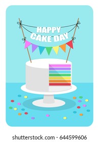 Cute flat style illustration for Cake Day with rainbow cake and festive bunting for your decoration