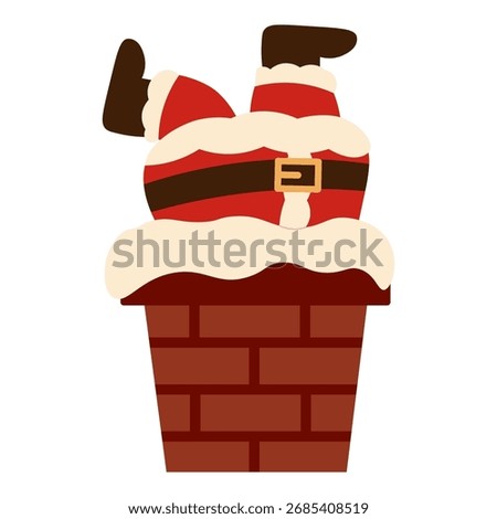 Cute flat style illustration of Santa Claus stuck in a chimney, perfect for Christmas, New Year, holiday humor, and children's designs.
