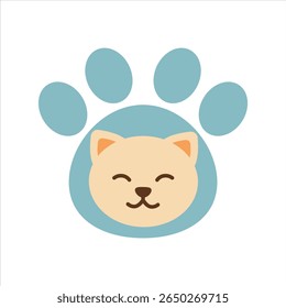 A cute flat style illustration of a smiling cat face centered within a large blue paw print. Perfect for pet themed designs or World Cat Day graphics.