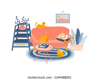 Cute flat style naive interior. Living room vector for cards, posters or web