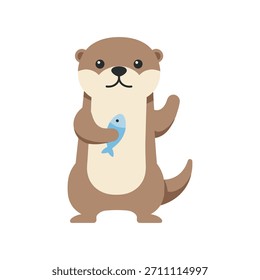 Cute flat style otter standing upright while holding a small fish, friendly expression and clean vector shapes, isolated ideal for children’s books, stickers, and educational wildlife graphics