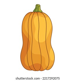 Cute flat style pumpkin. Oblong shape. Simple cartoon vegetable icon. Autumn illustration. Clipart element for design for Thanksgiving, Halloween, Harvest Festival.