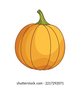 Cute flat style pumpkin. Round shape. Simple cartoon vegetable icon. Autumn illustration. Clipart element for design for Thanksgiving, Halloween, Harvest Festival.