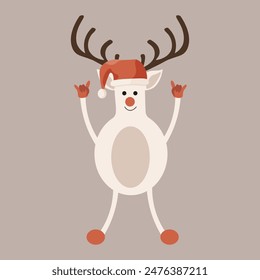 Cute Flat style Reindeer isolated light background. Funny smiling Christmas Deer. Groovy vector can used XMAS poster, card, postcard design template. Design t-shirt print.