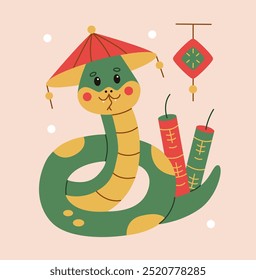 Linda ilustración de serpiente de estilo plano que celebra el Año de la Serpiente en la cultura china, con fuegos artificiales y sombrero tradicional. Perfecto para diseños festivos, tarjetas y decoraciones para el año Nuevo chino.