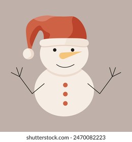 Cute Flat style Snowman design isolated light background. Simple Groovy Christmas Snowman. Minimalism vector can used XMAS poster, card, postcard design template. Design t-shirt print.