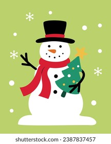 Cute flat style snowman on the snow