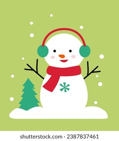 Cute flat style snowman on the snow