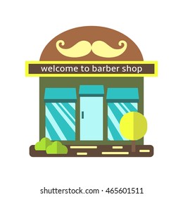 Cute flat style street barber shop with windows, tree, mustache, door. Building icon
