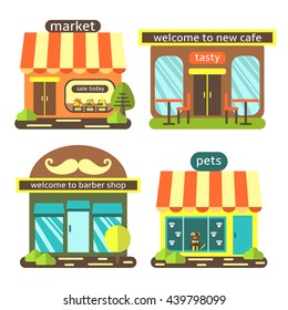 Cute flat style street shops set, including supermarket, coffee shop, barber shop, pet store. Buildings icons collection