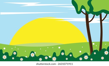 Lindo paisaje de verano de estilo plano con árboles y sol y prado. Naturaleza y Imágenes escénicas al aire libre, plantas y Arte vectorial de flores