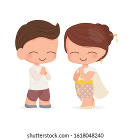 linda pareja de estilo plano tailandés con traje tradicional saludar por bienvenida, boda o festival songkran con fondo blanco aislado