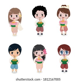 linda pareja de estilo plano tailandesa con traje tradicional Loy Krathong en Tailandia flor colección de festivales flotantes aislados en fondo blanco 