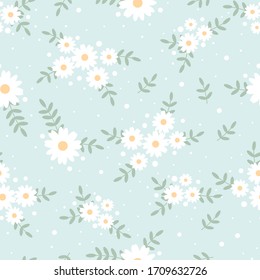 cute flat style tiny white daisy flower on blue background seamless pattern 