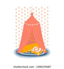 Cute flat style vector illustration of a cute playing tent with pillows