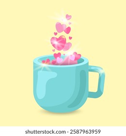 Cute flat style vector illustration with cup with hearts, likes. 2d lights and glare, glow. hot drinks, coffee shop, tea, cocoa.