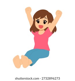 Una linda Ilustración vectorial de estilo plano de una niña feliz sentada y estirando sus brazos después de despertar. Colores brillantes y vibrantes con un diseño limpio.