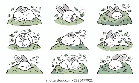 Cute flat style vector illustration of sleepy bunnies nestled in green bushes with falling leaves and wind.