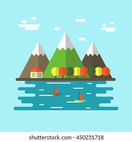 Cute flat style village view with clouds, mountains, house, trees, lake, boats. Rustic place scene