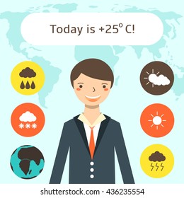 Cute flat style weather forecast background with young man, world map, weather icons. Weather forecast card with text space. Elements of this image furnished by NASA