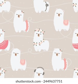 cute flat style white alpaca seamless pattern