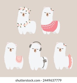 cute flat style white alpaca elements collection