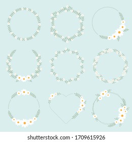 cute flat style white daisy flower wreath frame on blue background for  birthday wedding or mother's day