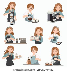 cute flat style woman girl barista in uniform element collection