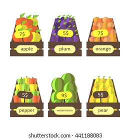 Cute flat style wooden boxes with fruits and vegetables including apples, plums, oranges, peppers, watermelons, pears. Street market, farm boxes with fruits collection. Fruits icons set