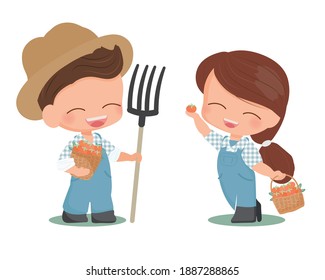 cute flat style young couple harvest persimmon or orange fruit isolated on white background