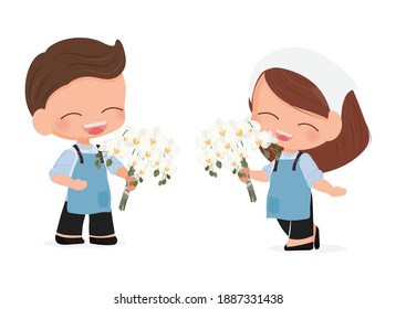 cute flat style young florist couple with white Phalaenopsis orchid bouquet isolated on white background