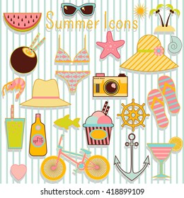 Cute flat summer icons vector collection isolated. easy to recolor. 