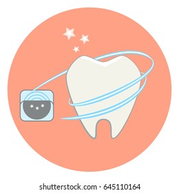 Cute flat tooth and dental floss icon, dental vector illustration. tooth care
