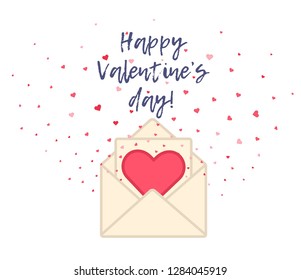 Cute flat Valentines day greeting card with red hearts and envelope. Love letter with heart message for 14 february celebration, postcard and banner design