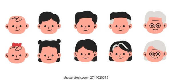 Cute flat vector avatar set featuring baby, child, adult, and elderly faces in a clean minimal style. Simple cartoon head icons representing different ages and genders, isolated on light background. Perfect for family concept, generation diversity, user profiles, apps, educational materials, and character design projects.