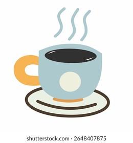 Cute flat vector of a blue cup with steam and saucer. Ideal for hot drinks, cozy vibes, rainy season, morning coffee, tea time, or warm beverages illustrations.