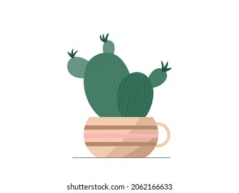 Cute flat vector cactus in beige flowerpot illustration. Modern cartoon mini cacti plant in trendy pot icon for logo, print, web decoration design. Cozy home flower vector graphic element.
