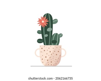 Cute flat vector cactus in beige dotted flowerpot illustration. Modern cartoon mini cacti plant in trendy pot icon for logo, print, web decoration design. Cozy home flower vector graphic element.
