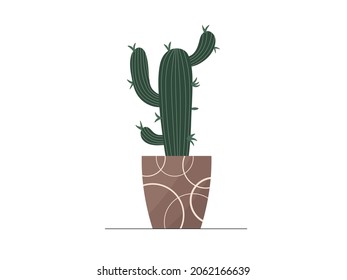 Cute flat vector cactus in brown circular flowerpot illustration. Modern cartoon mini cacti plant in trendy pot icon for logo, print, web decoration design. Cozy home flower vector graphic element.
