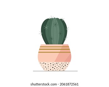 Cute flat vector cactus in peach pink flowerpot illustration. Modern cartoon mini cacti plant in trendy pot icon for logo, print, web decoration design. Cozy home flower vector graphic element.