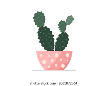 Cute flat vector cactus in pink dotted flowerpot illustration. Modern cartoon mini cacti plant in trendy pot icon for logo, print, web decoration design. Cozy home flower vector graphic element.
