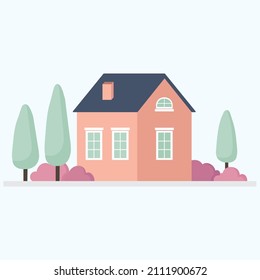Casa de dibujos animados, llana, vectorial, con ventanas y chimenea. Pequeño edificio entre los árboles de estilo escandinavo.