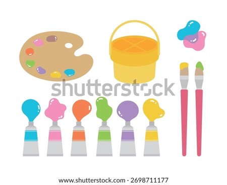 A cute, flat vector collection of art supplies. Palettes, brushes, water bottles, and paint tubes. Perfect for creativity, education, art classes, and children's design materials.