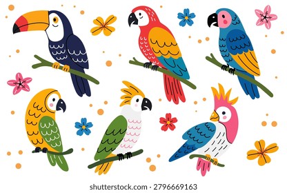 Cute flat vector collection of tropical parrots and exotic birds sitting on branches. Colorful bird set with flowers and decorative elements isolated on light background.