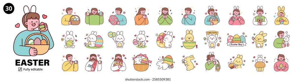  cute flat vector Easter bundle featuring 30 illustrations of Easter eggs, bunnies, Jesus, prayer, and festive elements. Designed in a pastel and minimal style, perfect for holiday-themed projects
