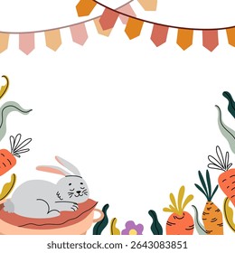 Cute flat vector frame with sleeping bunny, vegetables and festive element. Great for card, banner, invitation, seasonal print. Hand-drawn style, playful and bright design.