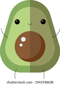 Cute flat vector green sliced avocado half character isolated on white background. Simple cartoon style with hands, legs, paws. Ideal for cocktails, nutrition menu, design.